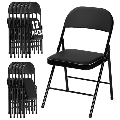 LING RONG 12 Pack Black Folding Chairs with Padded Cushion for Outside, Portable Stackable Commercial Metal Foldable Chairs with Steel Frame for Home Events Office Wedding Party, 350lbs Capacity