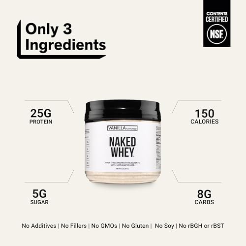 Image of NAKED Vanilla Whey Protein 1Lb, Only 3 Ingredients, All Natural Grass Fed Whey Protein Powder + Vanilla + Coconut Sugar - NSF Certified, GMO-Free, Soy Free, Gluten Free. Aid Muscle Growth, 12 Servings