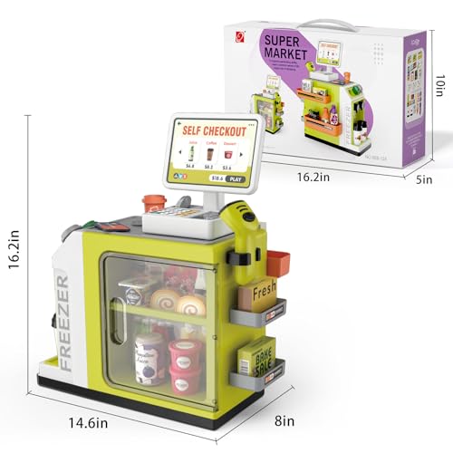 Jovow 48-Piece Pretend Play Cash Register Toy Set - Calculator, Shopping Bag, Scanners, Credit Cards, Coffee Machine, Play Food - Gift for Boys and Girls Ages 3+