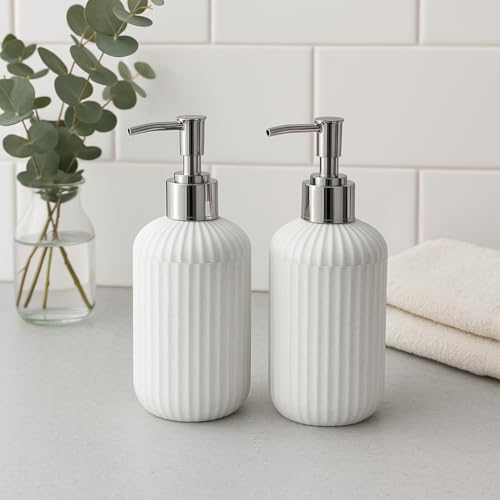 Image of LAGET 300ml Soap Dispenser for wash Basin - White Black Golden Print | Kitchen and Bathroom Accessories Items | Handwash Dispenser Bottle- Set of 2 (White)