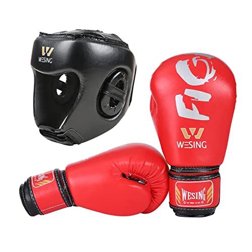 Wesing Kids 6oz Boxing Gloves and Head Gear Set Kickboxing Muay Thai Kids Sparring Punching Gloves (S, Red)