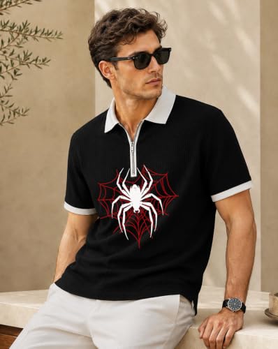 Image of AUSK Men's Waffle Texture Polo T-Shirt || Spider Graphic Printed Half Sleeve Zip Collar T Shirt for Men || Regular Fit Casual Wear Tshirt || Stylish Summer Tee for Mens