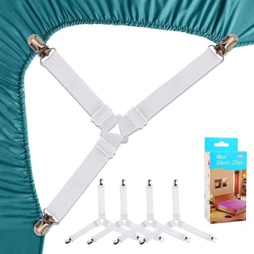 Felly 4 Piezas Sujetadores para Sábanas Ajustables Elásticos Correas Cama Clips para Sábana Bajera Fundas de Colchón Sofá (Blanco)