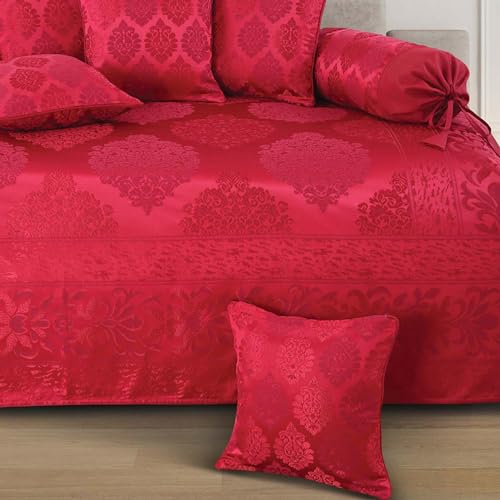 Image of Victor Poly Cotton Styria Satin Geometrical Pattern Diwan Set - 8 Pcs (Maroon, Bed Cover - 60 inchx90 inch, 2 Bolsters - 16 inch x 32 inch & 5 Cushion Covers - 16 inch x 16 inch)