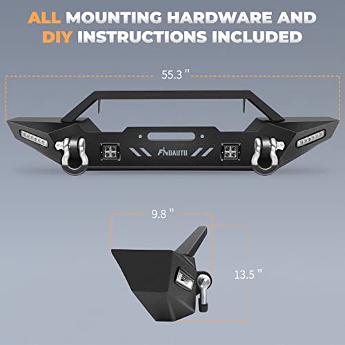 FINDAUTO Front Bumper & Rear Bumper Combo Fit for 1987-2006 for Jeep Wrangler TJ Upgraded Textured Black Rock Crawler Bumper with Winch Plate & LED Light and D-Rings - Thumbnail 2