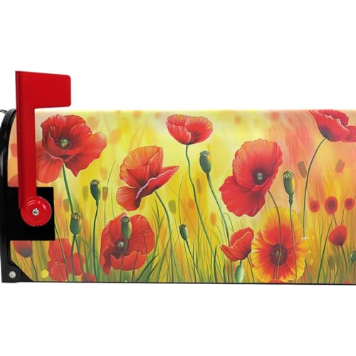 Art Red Poppy Flowers Mailbox Covers Magnetic Spring Lawn Painting Mailbox Cover Wraps Standard Size 18" X 20.7" Post Letter Box Cover Garden Decorations