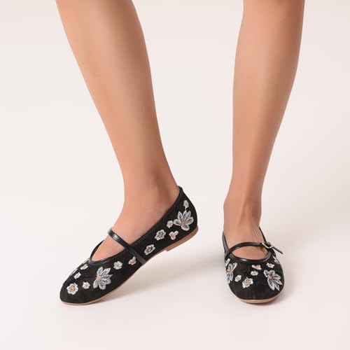 Image of MRKEWUNEY Mesh Ballet Flats for Women Embroidered Floral Round Toe Mary Jane