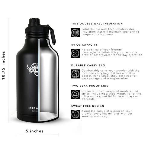 Growler For Beer & Water | 64 Oz Double Wall Vacuum Insulated Stainless Steel Thermos Bottle | Jug For Hot & Cold Beverages | Carry Case With Pocket Included | By Here & Now Supply Co. (Black) #TOP2