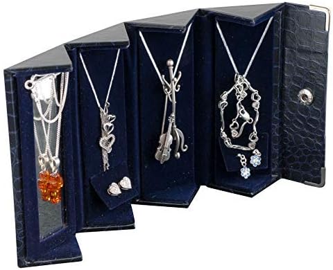 Foldable Blue Jewelry Box w/Crocodile Print and Mirror – Compact Organizer for Cross Necklaces, Silver & Gold Pendants - Keepsake for Black Jewelry, Silver Cross Chains & Polish Eagle Design