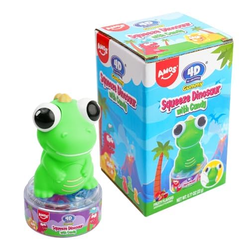 Amos 4D Gummy Squeeze Dinosaur with Candy，Funny Novelty Stress Relief Squeeze Dino Candy Gift for Adults & Kids，Dino Squishy Gift(Green)