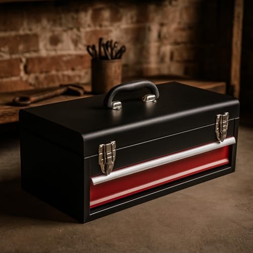 Image of Heavy Duty Metal Tool Box – Lockable Portable Tool Chest with Drawers and Cantilever Trays – 1 to 5 Tray Large Storage Organizer Case - Tool Box with Handle & Secure Latches (Black & Red (1 Drawer))