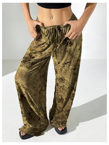 Women's Retro Graphic Straight Leg Pants Drawstring Waist Low Rise Long Trousers3