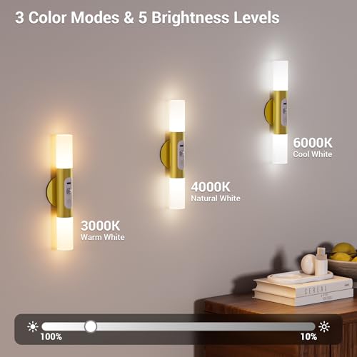 Image of Hensam Motion Sensor Wall Lights with Remote, Rechargeable Battery Sconces | Peel and Stick Wall Night Light, 3 Color Temps, Dimmable, Magnetic, for Hallway, Stair, Bedroom, Living Room, Gold, 2 Pack