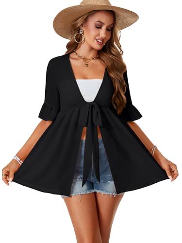 LYANER Women's V Neck Flounce Half Sleeve Tie Knot Front Coverup Beach Cardigan Blouse2