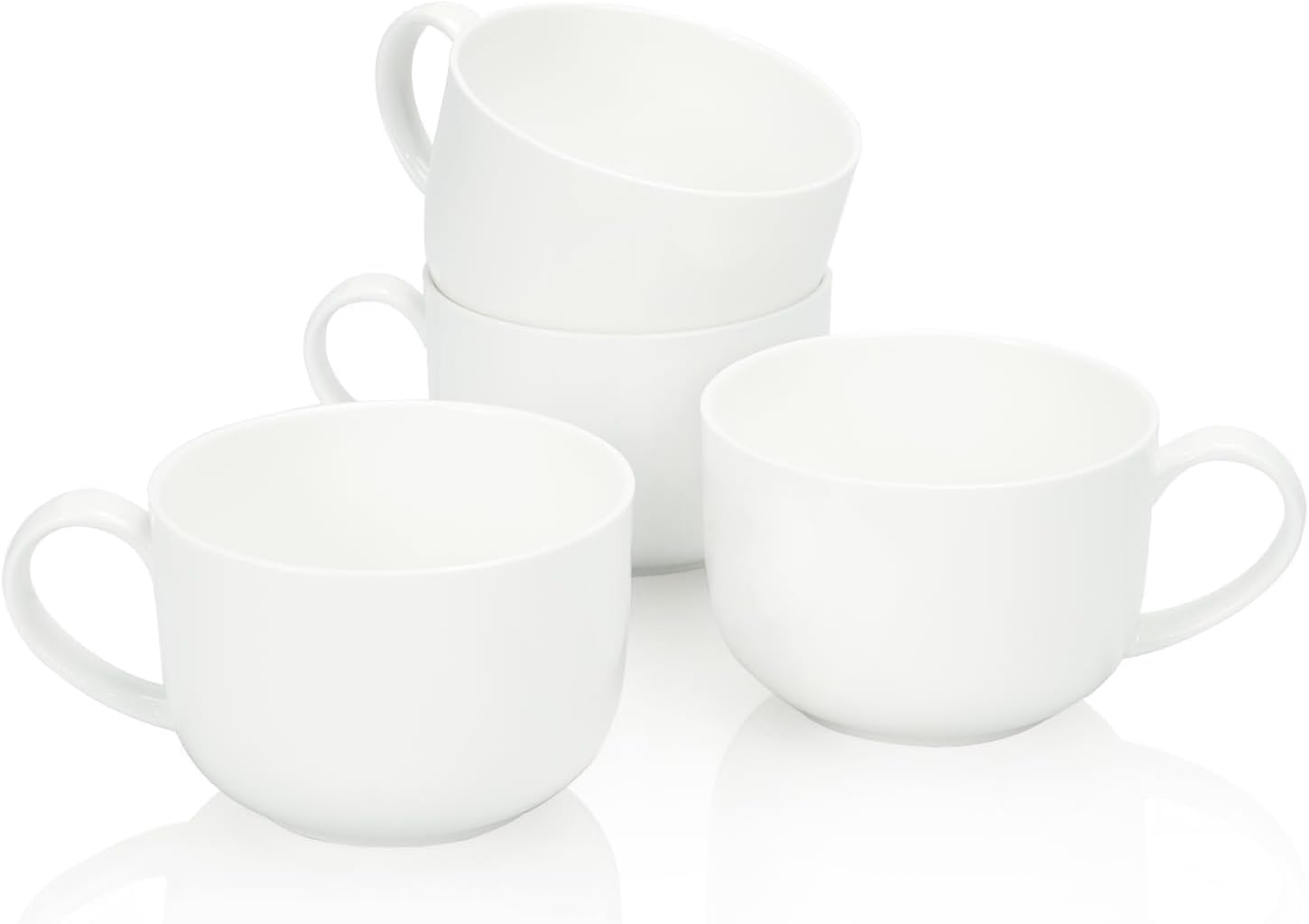 Fine Bone China Mugs with Handles Set of 4, Soup Mugs with Handles, 25 Oz Simplicity White Large Soup Mugs, Ceramic Bowls for Ice Cream, Oatmeal, Fruit, Yogurt, DIY Gift, Snack Bowls