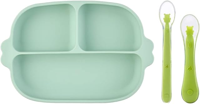 ACwiwil Plate + 2 Spoons for Babies, Kids Plates with Suction Cup for Small Kids, Plates for Children, Silicone, Suitable for Most Tables and Highchairs - Green