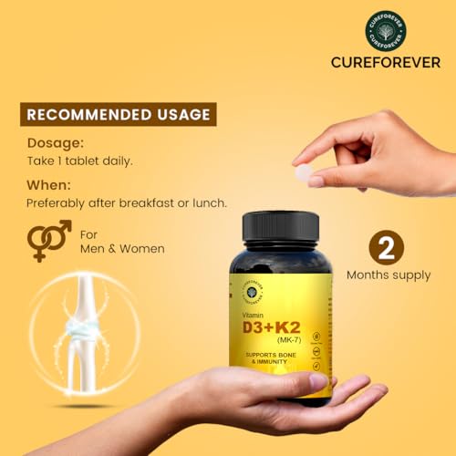Image of CUREFOREVER Vitamin D3 + K2 (MK-7) Tablets - Vegan Vitamin D Supplement Supports Bone & Immunity, Vitamin D3 K2 for Men & Women | High Absorption Vitamin D Tablets, 60 Days Serving