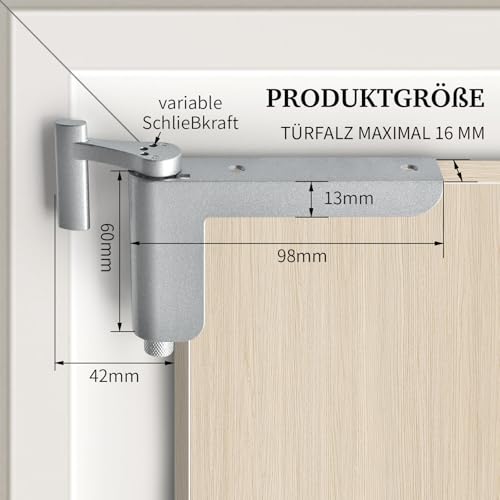 Türschließer ohne Bohren, MARIE Türschließer Automatischer für leichte Innentüren, Minitürschließer für DIN links/rechts schließende Zimmertüren, Ganzmetallische, Längere & leisere Lebensdauer, Silber