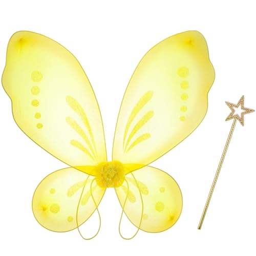 Sratte Fairy Princess Butterfly Wings Girls Kids Butterfly Costumes Set Star Wands Adults Christmas Birthday Party(Yellow)