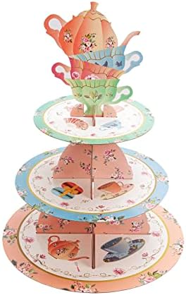 Flower Theme Tea Party Cardboard Cupcake Stand,3-Tier Round Cupcake Holder Dessert Stand Talking Party Dessert Tower for Birthday Wedding Supplies Decor
