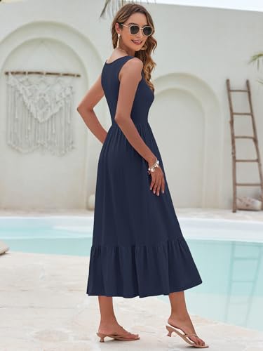 Image of AUSELILY Womens Summer Maxi Dress Casual Sleeveless V Neck Floral Dresses | A line shape with practical side pockets, Vacation dress for resort walks, Pair with low heels and simple jewelry