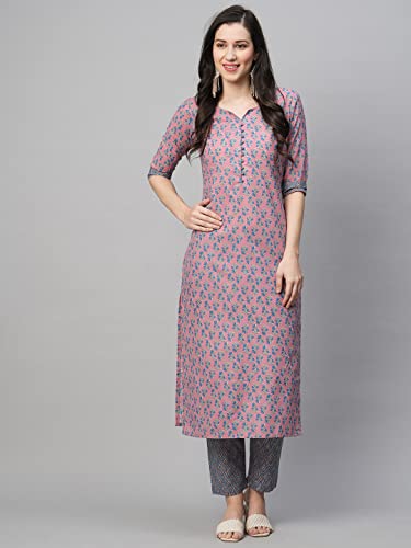 Image of GoSriKi Women's Cotton Blend Printed Straight Kurta With Pant