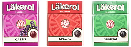 Läkerol Sugarfree Pastilles 3-Flavor Variety: Four 0.8 oz Packages Each of Original Herb Menthol Licorice, Special Herb Menthol Licorice, and Cassis Black Currant in a Gift Box