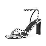 Modatope Black and White High Heels for Women Square Open Toe Block High Heels Strappy Ankle Strap Sandals Size 9