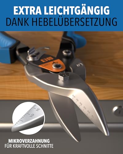 Blechschere gerader Schnitt - [int. Millimeterskala] - Metallschere für Trockenbau, Trapezblech, Metall, Drahtschere für Drahtgitter, Blech Schneider, Metallschere, Blech Schneiden, Sheet Metal Cutter