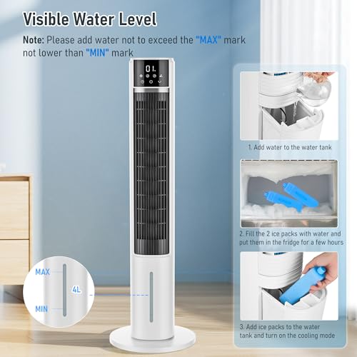 3-in-1 Evaporative Air Cooler, 40" Cooling Fan, 75° Oscillation, 3 Speeds 4 Modes, 12H Timer, Remote Control, 2 Ice Packs, 4L Water Tank, Portable Bladeless Fan with Humidifier, Be image 6