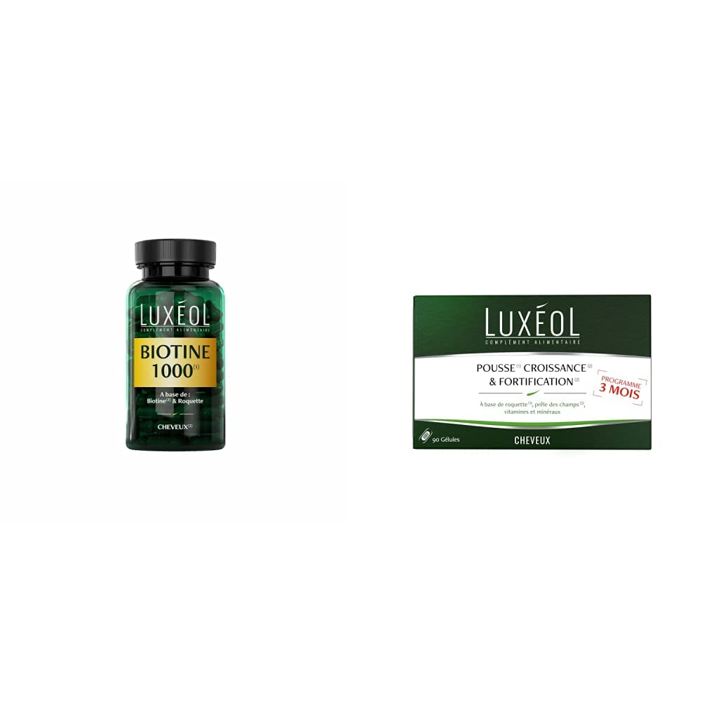Luxéol – Biotine 1000 μg – Favorise la Pousse des Cheveux – Made in France – Complément Alimentaire – 90 Gélules – 28,6 g & Pousse Croissance & Fortification - Programme Cheveux 3 Mois - 30 Gélules