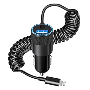 [Apple MFi Certified] iPhone Fast Car Charger, Caiinei 4.8A Dual USB Power Car Charger Adapter with Built-in 6FT Coiled Lightning Cable Quick Car Charging for iPhone 14 13 12 11 Pro/XS/XR/X/8/SE/iPad