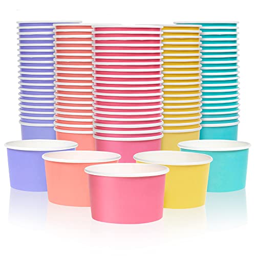 Paper Ice Cream Cups, 100-Pack 5.5-oz Disposable Dessert Bowls for Hot and Cold, 5.5-ounce, 5 Pastel Colors