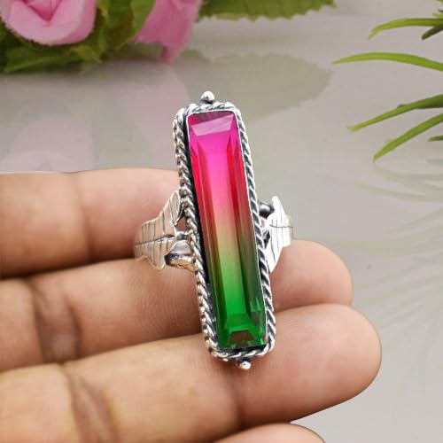 Miniatura 7 de Watermelon Tourmaline Gemstone Ring 925 Sterling Silver Multicolor Stone Ring Handmade Long Rectangle Bar Ring For Women Elegant Tourmaline Jewelry