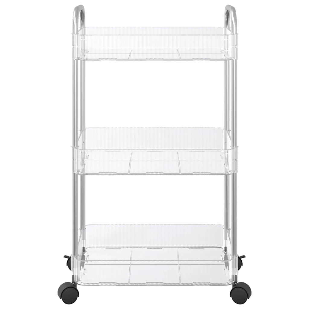 Aufbewahrungswagen 3 Etagen transparent 37x28x68 cm Acryl Edelstahl rollbar mit 4 Rädern für Haushalt, Büro, Lager, Garten, Umzug, Treppensteiger, Klappkarre, leicht, robust, vielseitig