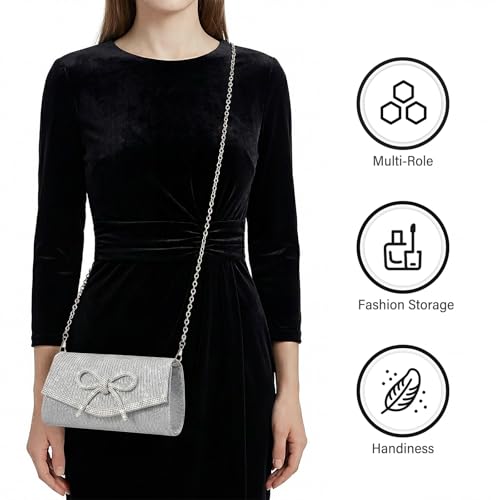 Image of Bow Rhinestone Evening Clutch Purses for Women Weddings Party Prom Diamond Glitter Sparkly Handbag with Detachable Chain