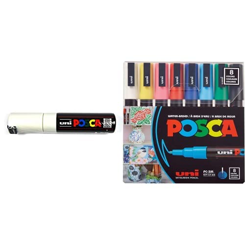 Posca Full Set of 8 Fine Point Pens + White Acrylic Paint Pen with Broad Bullet Point Tip, Pens are Acrylic Paint Markers for Rock Painting, Fabric, Glass, Metal, and Graffiti