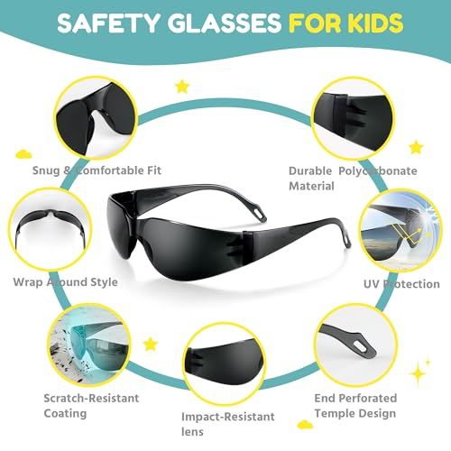 SATTRON Kids Tinted Safety Glasses, ANSI Z87.1, Smoke Lens, UV400 Protection, Scratch and Impact Resistant, 24 Pack, Gray Black, for School Sport DIY