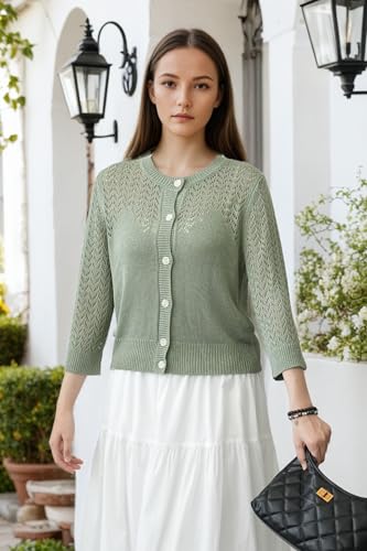 Image of Women's Lightweight Crochet Cardigan Sweater Open Front Knit Lace-Up Cover Up Casual Spring Fall Chic Outerwear Tops 23 Green M