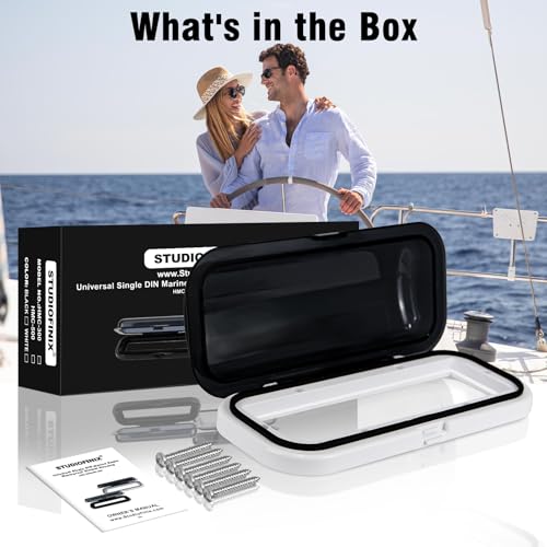Image of STUDIOFINIX Durable Water Resistant Marine Radio Cover Waterproof Boat Stereo Protector Shield with Flip-Up Door UV-Resistant ABS Housing, Includes Mounting Gasket & Hardware