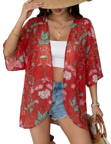 Image of Chunoy Women Floral Beach Wear Cover Up Chiffon Kimono Cardigan Open Front Blouse Top