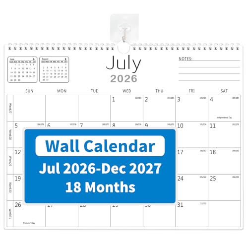 MZD8391 Calendar 2026-2027 Wall Calendar 2026-2027 From July 2026 To December 2027 18 Months 14 x 11 Paper Calendars with Julian Date and Blank Block for New Year