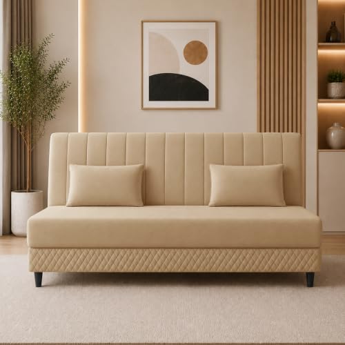 Image of Rosebell Modern 3 Seater Velvet Sofa Cum Bed with Cushion | Premium Upholstered Fabric | Tufted Backrest | Wooden Legs | Living Room Furniture | Golden