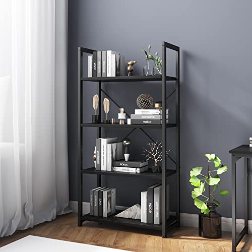 VERMESS Book Shelf Black, 4-Tier 24 inch Bookshelf Shelving Unit, Wood Bookcase with Open Shelves, Industrial Standing Storage Bookshelves Metal Display Rack for Living Room, Bedroom, Home, Office