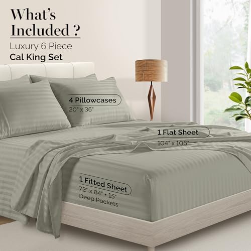 Casa Platino 100% Egyptian Cotton Sheets California King Size Set - 6 Pieces - Damask Stripe- Ultra Smooth Sateen Weave Bed Sheets Set with 15" Deep Pocket - Silver