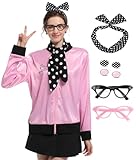 Stenoloma 7 Pieces 1950s Women Pink Satin Jacket Halloween Cosplay Costume Set (L, Black)