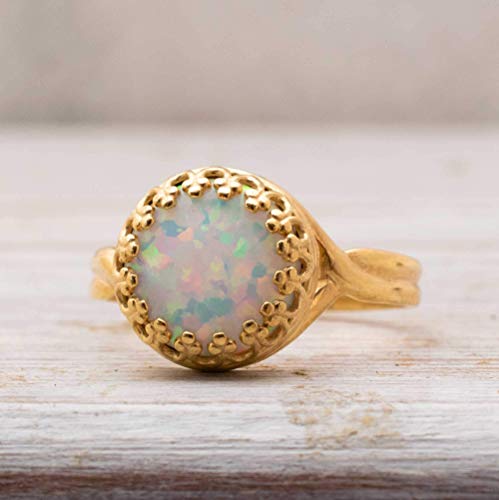 14K Gold Plated Over 925 Sterling Silver White Opal Ring - Vintage Style October Libra Birthstone White Gemstone Sizable Ring - Classic Handmade Jewelry Gift For Her - Adjustable Dainty Promise Ring #TOP3