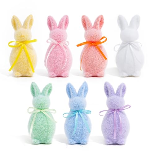 Larber 7 peças 10 cm mini páscoa coelho escultura decorações espumoso coelho com laço para peças centrais de Páscoa para a primavera de mesa de decoração
