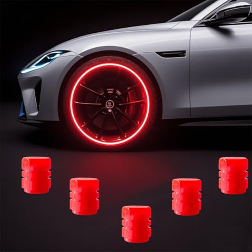 Glow in The Dark Tire Valve Stem Caps 5 Pack Luminous Tire Valve Stem Caps Fluorescent Car Tire Pressure Caps Universal for Cars Trucks SUVs Motorcycles Bikes (Red)