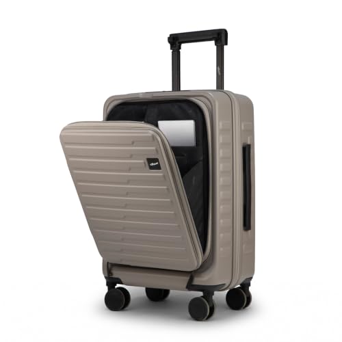 Image of F Gear Sedona Small Cabin Pro 54cm German Polycarbonate Hard Luggage|8 Japanese Hinomoto Silent Wheels| USB & Type-C Charging, Phone Stand & Cup Holder | Front Opening Suitcase for Travel (Taupe)